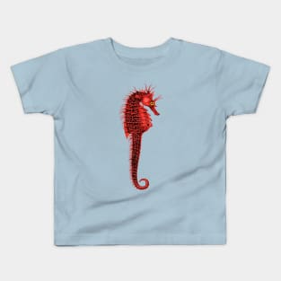 RED SEAHORSE IN TURQUOISE BLUE Sea Life Drawing Kids T-Shirt